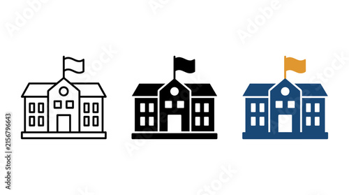 School building icon variations: outline silhouette color with building education architecture