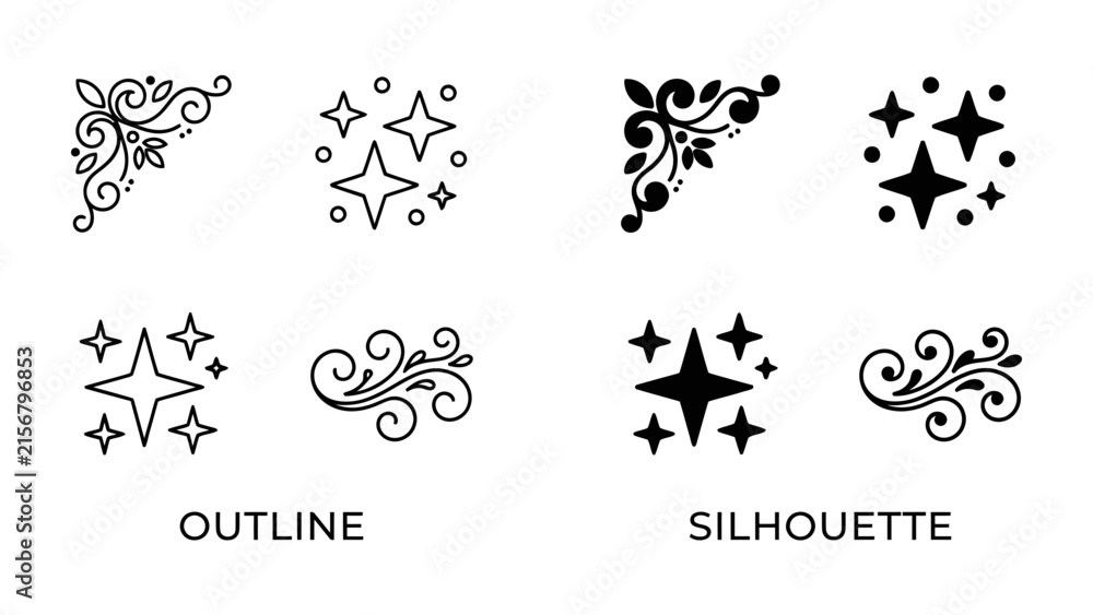 Fototapeta premium Ornate Decorative Elements: A collection of elegant decorative flourishes, including floral corners and sparkling starbursts, presented in both outline and silhouette styles.