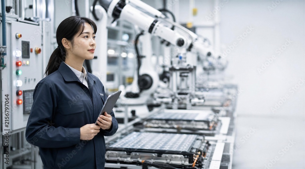 Fototapeta premium Female Engineer Inspecting EV Battery Assembly Line with Tablet