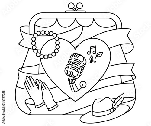 Vintage fashion line art illustration, retro accessories and microphone coloring page, classic jazz era icons in a purse frame