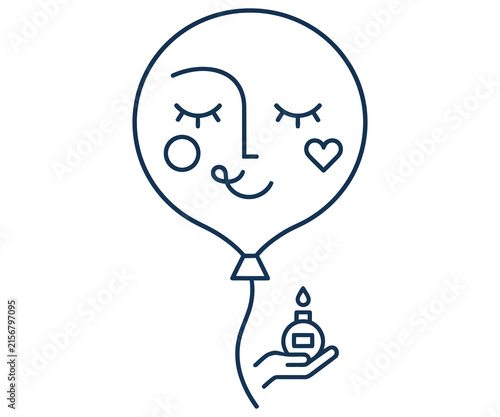 Minimalist line art balloon with face, whimsical hand holding perfume bottle, modern abstract beauty illustration