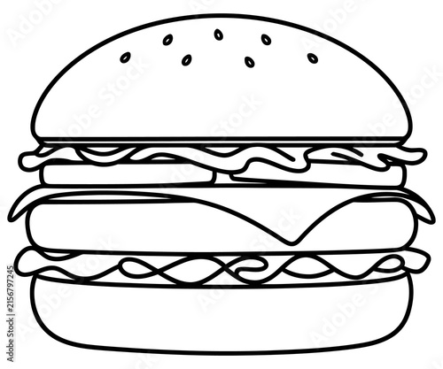 Minimalist burger line art illustration. Simple cheeseburger outline drawing. Fast food hamburger icon for coloring or menu design.