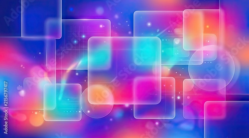 A vibrant, colorful abstract background featuring geometric shapes and glowing lights, with a mix of warm and cool tones, creating a dynamic and modern aesthetic.