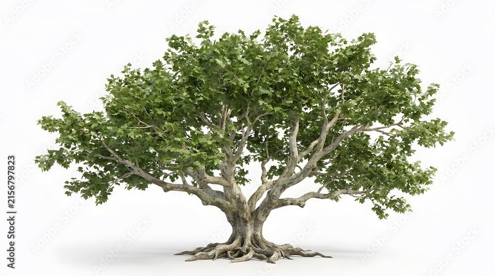 Obraz premium Majestic Banyan Tree with Lush Green Foliage and Exposed Roots Isolated on White Background.