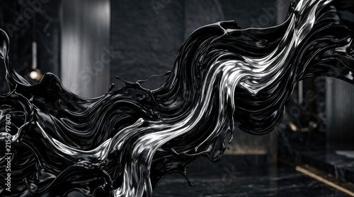 A black and white abstract fluid design with a modern, sleek, and futuristic aesthetic.