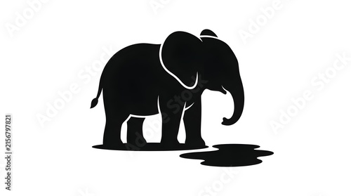 Minimalist black silhouette of an elephant standing near a water puddle, isolated on a white background. Ideal for wildlife and nature themes.