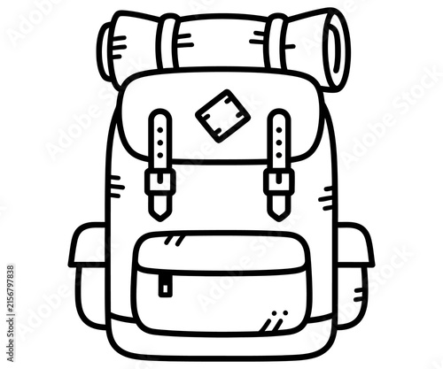Minimalist hiking backpack line art, camping rucksack icon with bedroll, outdoor adventure travel bag illustration on white background