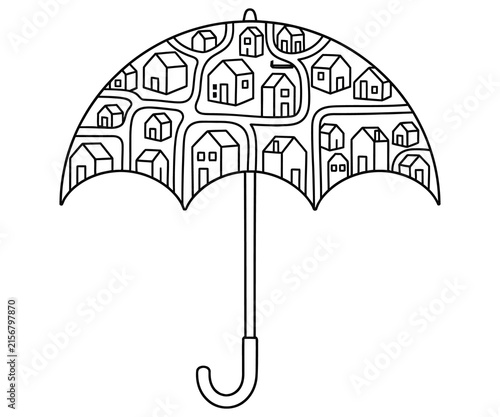 Conceptual umbrella line art with houses, real estate protection and home insurance concept, black and white neighborhood illustration