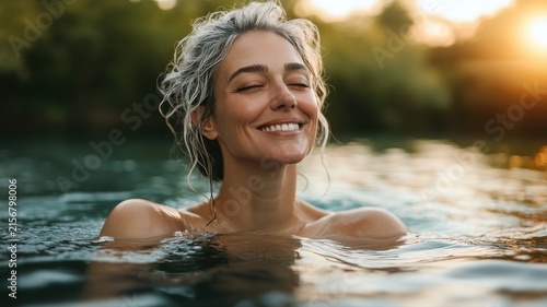 Smiling woman relaxing in a natural outdoor river setting during sunset, enjoying a peaceful moment, healthy lifestyle, outdoor activity, leisure, wellness, nature scene