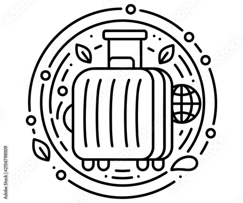 Minimalist travel suitcase line art icon, modern luggage and globe emblem, eco-friendly tourism symbol with leaves