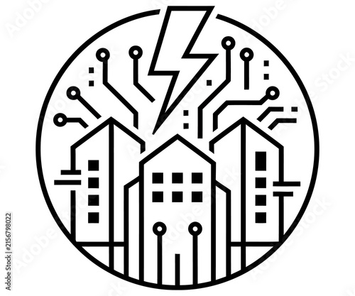 Smart city energy icon, urban power grid circuit design, sustainable building technology illustration, modern electrical infrastructure