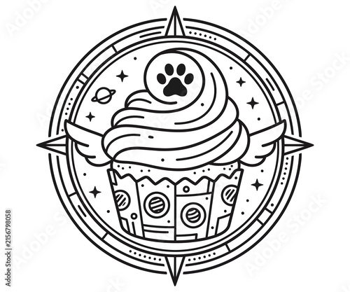 Celestial cupcake line art, whimsical space dessert with wings and paw print, mystical bakery emblem for coloring or logos
