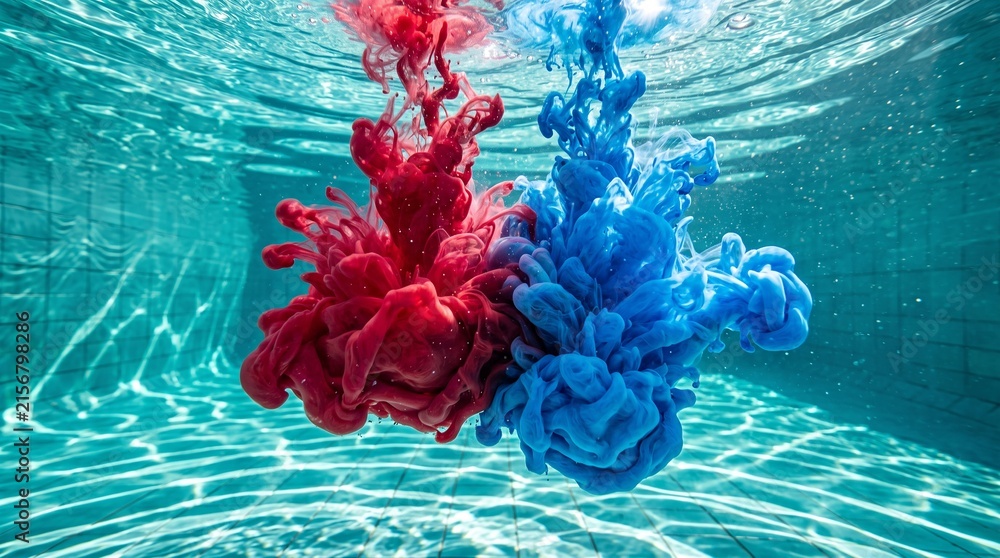 Obraz premium Red and blue ink drops dispersing in clear swimming pool water