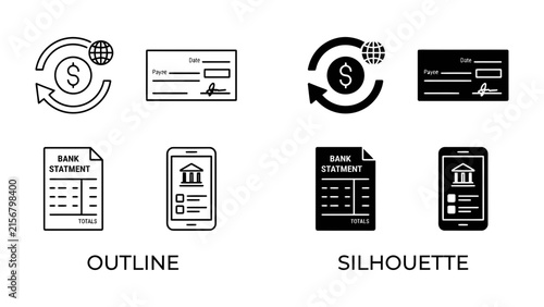 Banking and Finance Icons: A set of outline and silhouette icons representing financial transactions, including currency exchange, checks, bank statements, and mobile banking.