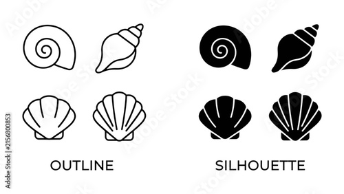 Shell icon set: Outlines and silhouettes of various seashells, including a spiral shell, a conch shell, and a scallop shell, presented for easy graphic use.