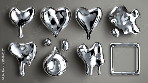 Abstract Liquid Metal Shapes, Metallic Chrome Blobs and Futuristic Reflective 3D Background