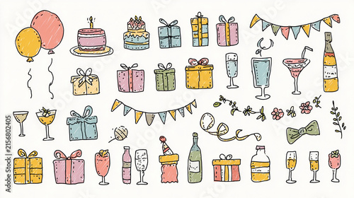 Birthday Doodle Set, Hand Drawn Party Icons with Cake, Balloons, Gifts and Celebration Elements