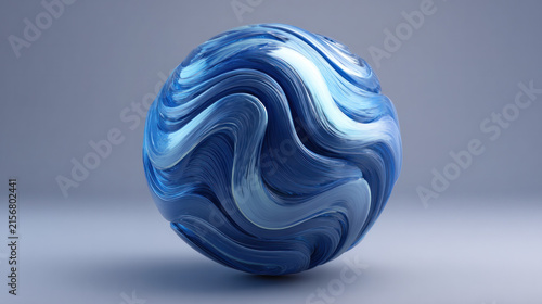 Blue Metallic Wave Ball 3D Rendering, Abstract Futuristic Sphere with Fluid Curved Surface