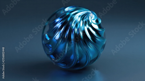 Blue Metallic Wave Ball 3D Rendering, Abstract Futuristic Sphere with Fluid Curved Surface