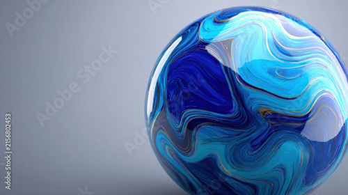 Blue Metallic Wave Ball 3D Rendering, Abstract Futuristic Sphere with Fluid Curved Surface
