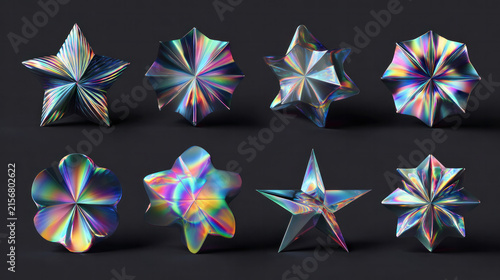 Chrome Star Holographic 3D Collection, Realistic Metallic Stars Isolated on Transparent Background