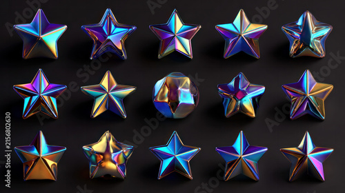 Chrome Star Holographic 3D Collection, Realistic Metallic Stars Isolated on Transparent Background
