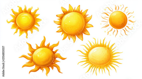 Five Sun Icons in Different Styles with Unique Rays, Weather and Sunshine Symbol Set