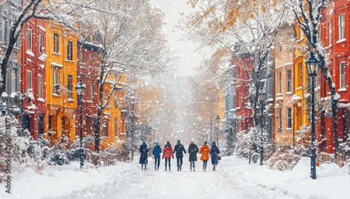 European colorful houses along winter snowy street, minimalist style flat art design landscape