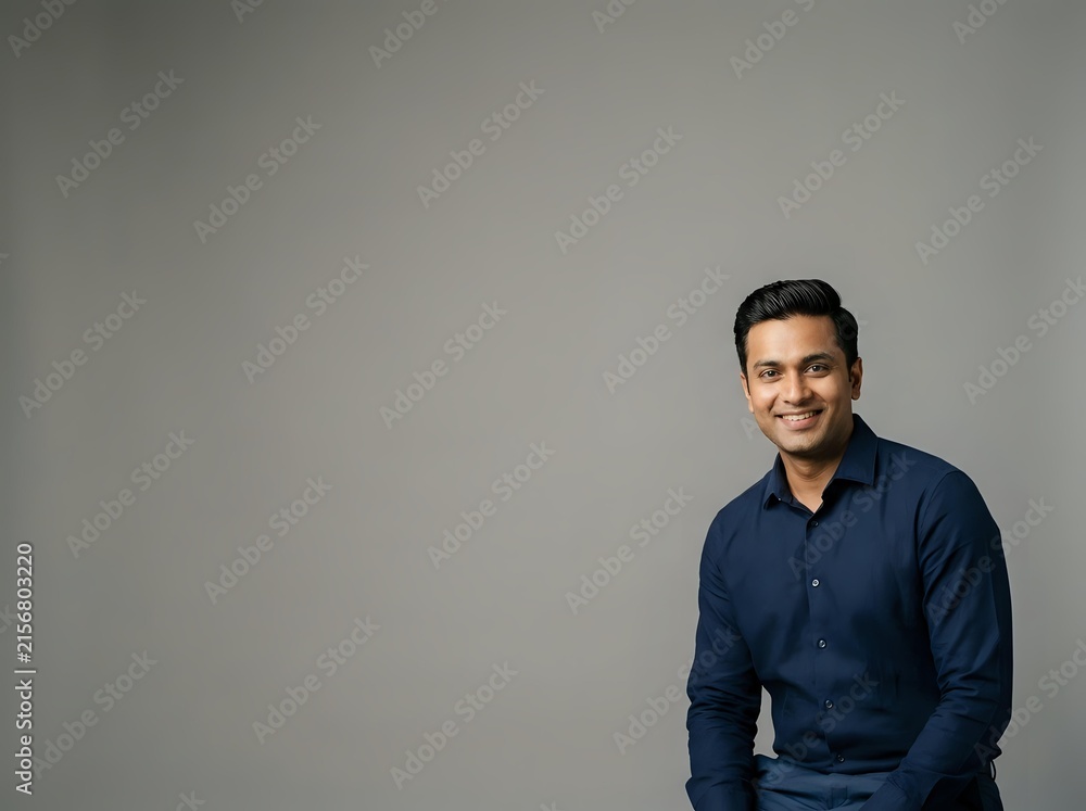 Fototapeta premium Confident South Asian businessman smiling in navy shirt
