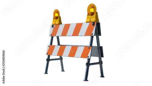 Foto Orange and white striped construction barrier with flashing yellow lights, isola