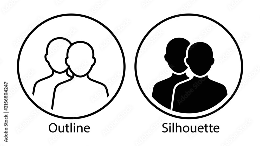 Fototapeta premium People Icon Duo: Two distinct styles, outline and silhouette, of user icons representing a group of people, conveying concepts of users, members, or individuals.