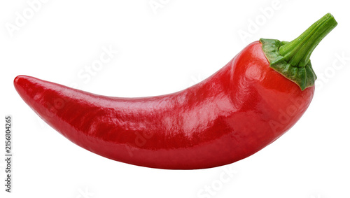 Foto Shiny red chili pepper with green stem, isolated on transparent background
