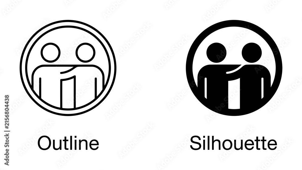 Fototapeta premium Two icons representing people side-by-side, one in outline and the other in silhouette, symbolizing connection and companionship.
