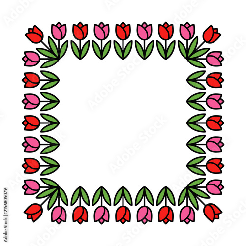 Elegant Square Floral Frame with Red and Pink Tulips and Green Leaves for Spring Decoration
