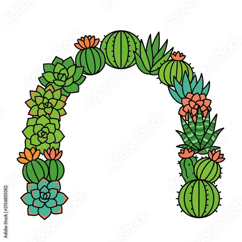 Cactus and succulent arch frame illustration with desert plants botanical border vector isolated on white