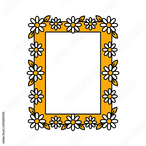 Vibrant yellow rectangular frame adorned with a playful border of blooming white daisy flowers and green leaves, perfect for cheerful spring and summer designs