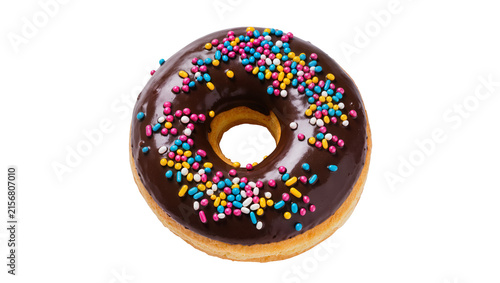 Chocolate frosted donut with colorful sprinkles, isolated on transparent background