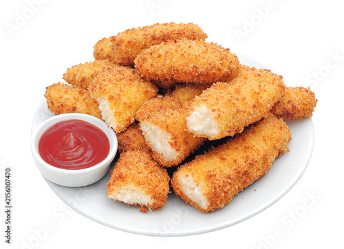 Bild auf Leinwand Fish fingers sticks with ketchup isolated on white background.