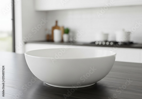White Ceramic Bowl on Dark Wooden Table in Modern Kitchen Setting