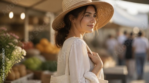 Stylish Woman in Wide Brim Hat at Outdoor Market