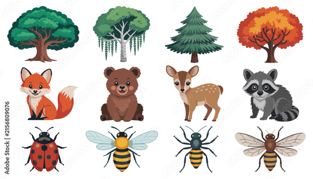Fototapeta premium Cute Woodland Animal, Tree, and Insect Vector Icon Set Featuring Fox, Bear, Deer, Raccoon, Oak, Pine, Ladybug, and Bee for Kids Nature Education Designs
