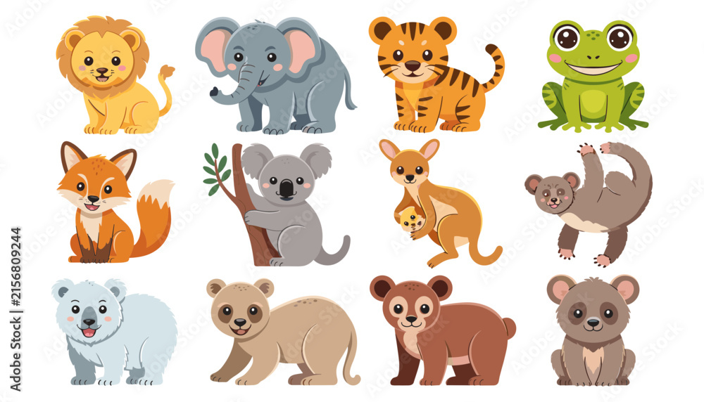 Obraz premium Cute Baby Wild Animal Vector Character Set Featuring Lion, Elephant, Tiger, Frog, Fox, Koala, and Kangaroo for Nursery, Kids Books, and Educational Graphic Designs