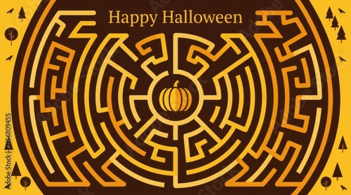 Intricate golden circular maze with central pumpkin icon and seasonal greeting for a Halloween Concept Design