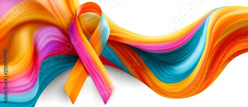 Colorful awareness ribbon with flowing abstract waves on white background