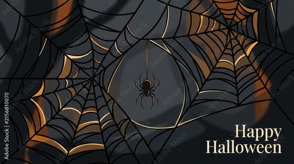 Intricate golden spider webs frame a black arachnid on a  for this unique Halloween Concept Design