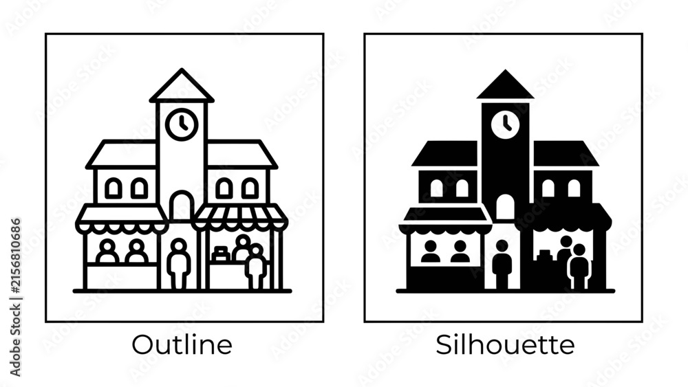 Naklejka premium Building Icon Comparison: Two distinct representations of a building, one as a line-art outline and the other as a solid silhouette, showcasing architectural elements and storefronts with figures.