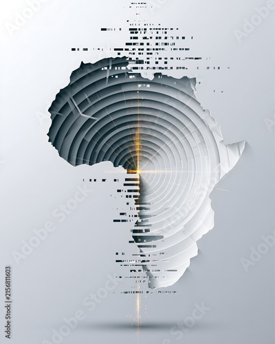 Digital Africa continent map formed from glitch data patterns and radiating tech circles in gray and orange