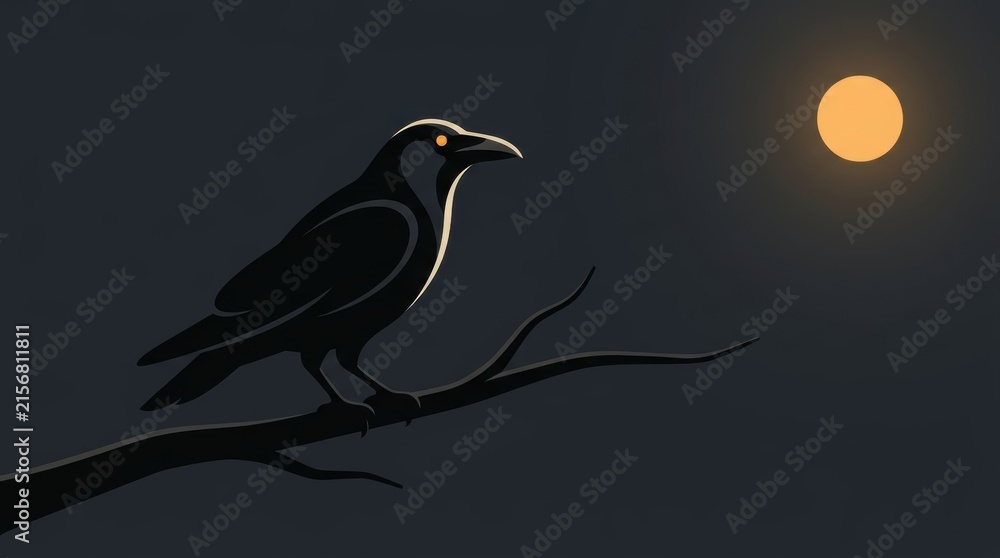 Naklejka premium Sleek black raven with bright orange eyes perched on a dark bare branch under a minimalist full Halloween Concept Design