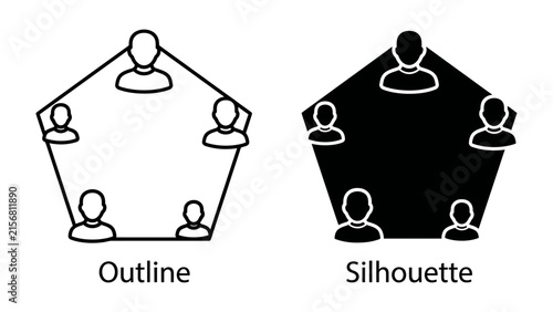 Foto Pentagon Group Icons: Two pentagonal shapes, one outlined and one filled silhouette, each containing five simplified human figures arranged around the perimeter