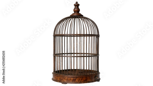 Antique ornate wooden birdcage with domed roof, isolated on transparent background